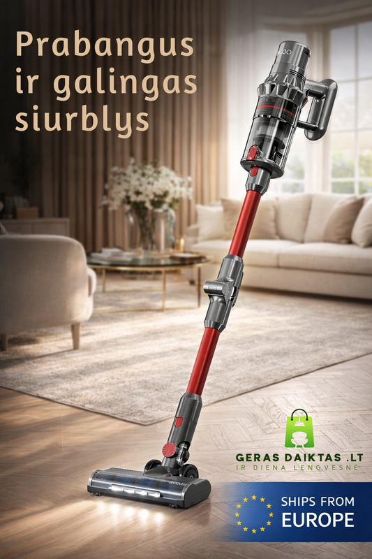 Prabangus ir galingas belaidis dulkių siurblys Jigoo C500, stilingos raudonos spalvos su pilkais akcentais, heppa filtru ir kitomis moderniomis technologijomis.