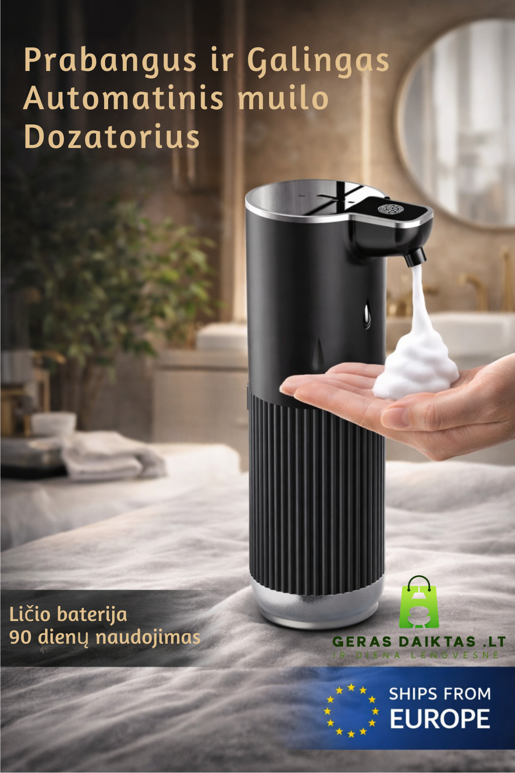 Prabangus ir galingas automatinis muilo dozatorius. Su ypač galinga net iki 90 dienų išlaikančia ličio baterija. 